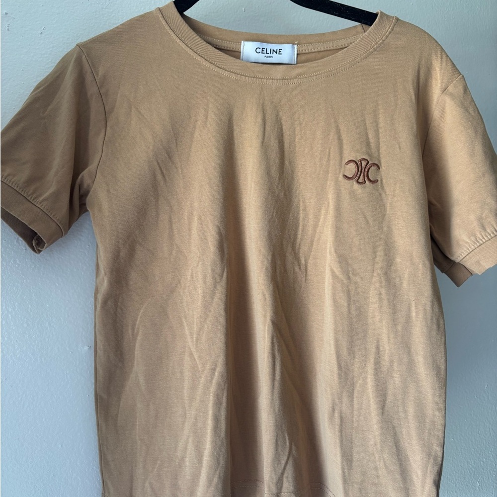 Celine Camel Tan Logo Womens T-Shirt Size Small Short Sleeve - Picture 4 of 6